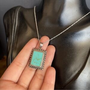 Sterling Silver Native Turquoise Rectangle Statement 20 Inch Necklace